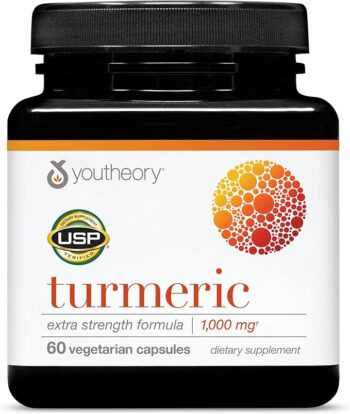 Youtheory Turmeric Extra Strength - 1,000 mg Turmeric Supplement - with 10 mg Black Pepper - Curcumin Joint Support* - Soy, Dairy & Gluten Free - 60 Vegetarian Capsules